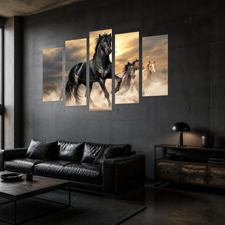 Black Horse with Geometric Rhythm — five-panel wall art in perspective interior | 5wallart 58146 M2