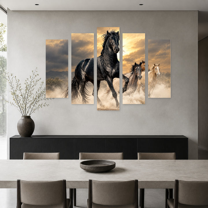 Black Horse with Geometric Rhythm — five-panel wall art in frontal interior | 5wallart 58146 M3
