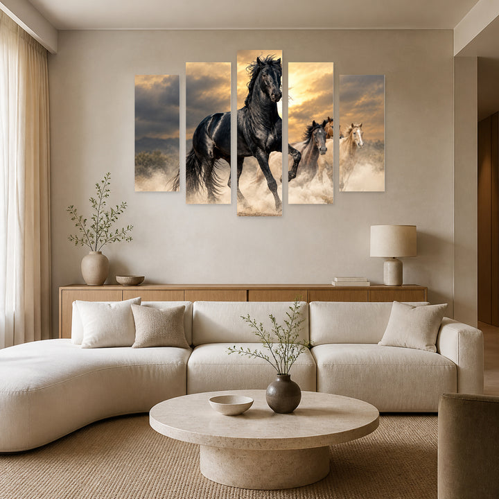 Black Horse with Geometric Rhythm — five-panel wall art in alternate frontal interior | 5wallart 58146 M4