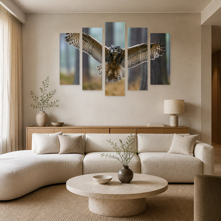 Eurasian Owl at Night — five-panel wall art in alternate frontal interior | 5wallart 58148 M4