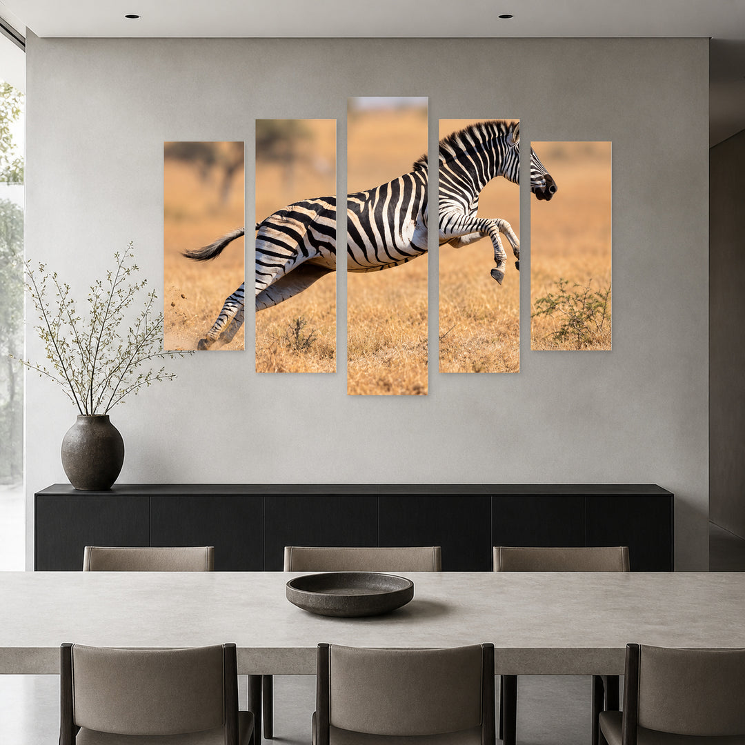 Zebra Running and Jumping in Black and White — five-panel wall art in frontal interior | 5wallart 58150 M3