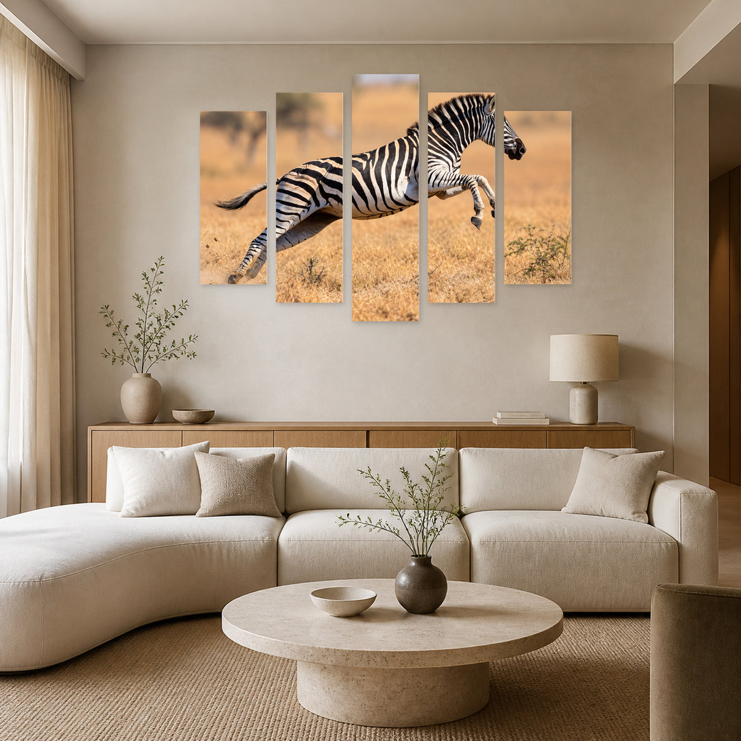 Zebra Running and Jumping in Black and White — five-panel wall art in alternate frontal interior | 5wallart 58150 M4