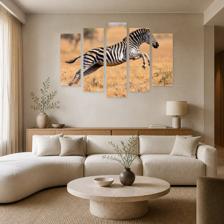 Zebra Running and Jumping in Black and White — five-panel wall art in alternate frontal interior | 5wallart 58150 M4