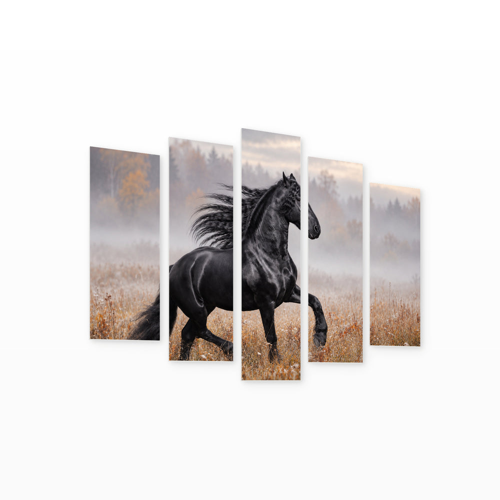 Black Friesian Stallion in the Autumn Foggy Field — five-panel wall art on white background in perspective | 5wallart 58151 M1