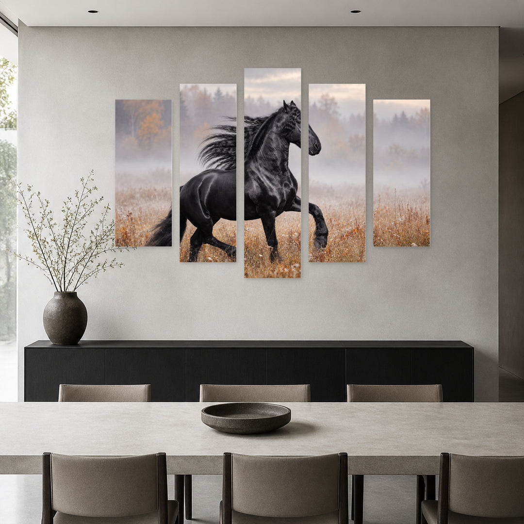 Black Friesian Stallion in the Autumn Foggy Field — five-panel wall art in alternate frontal interior | 5wallart 58151 M4