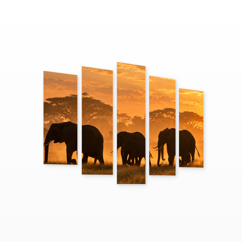 Herd of Elephants at Golden Sunset — five-panel wall art on white background in perspective | 5wallart 58152 M1