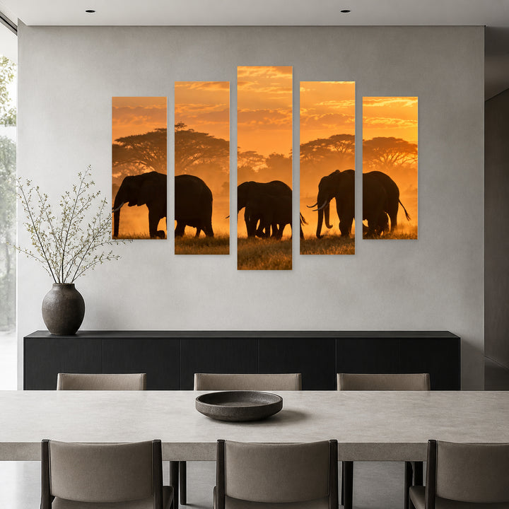 Herd of Elephants at Golden Sunset — five-panel wall art in frontal interior | 5wallart 58152 M3