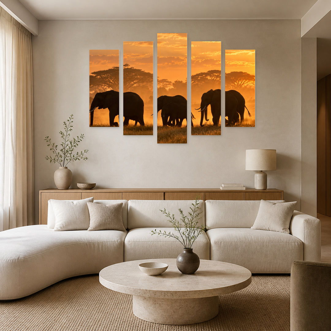 Herd of Elephants at Golden Sunset — five-panel wall art in alternate frontal interior | 5wallart 58152 M4