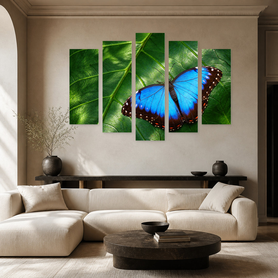 Large Blue Butterfly in Serene Light — five-panel wall art in frontal interior | 5wallart 58155 M3