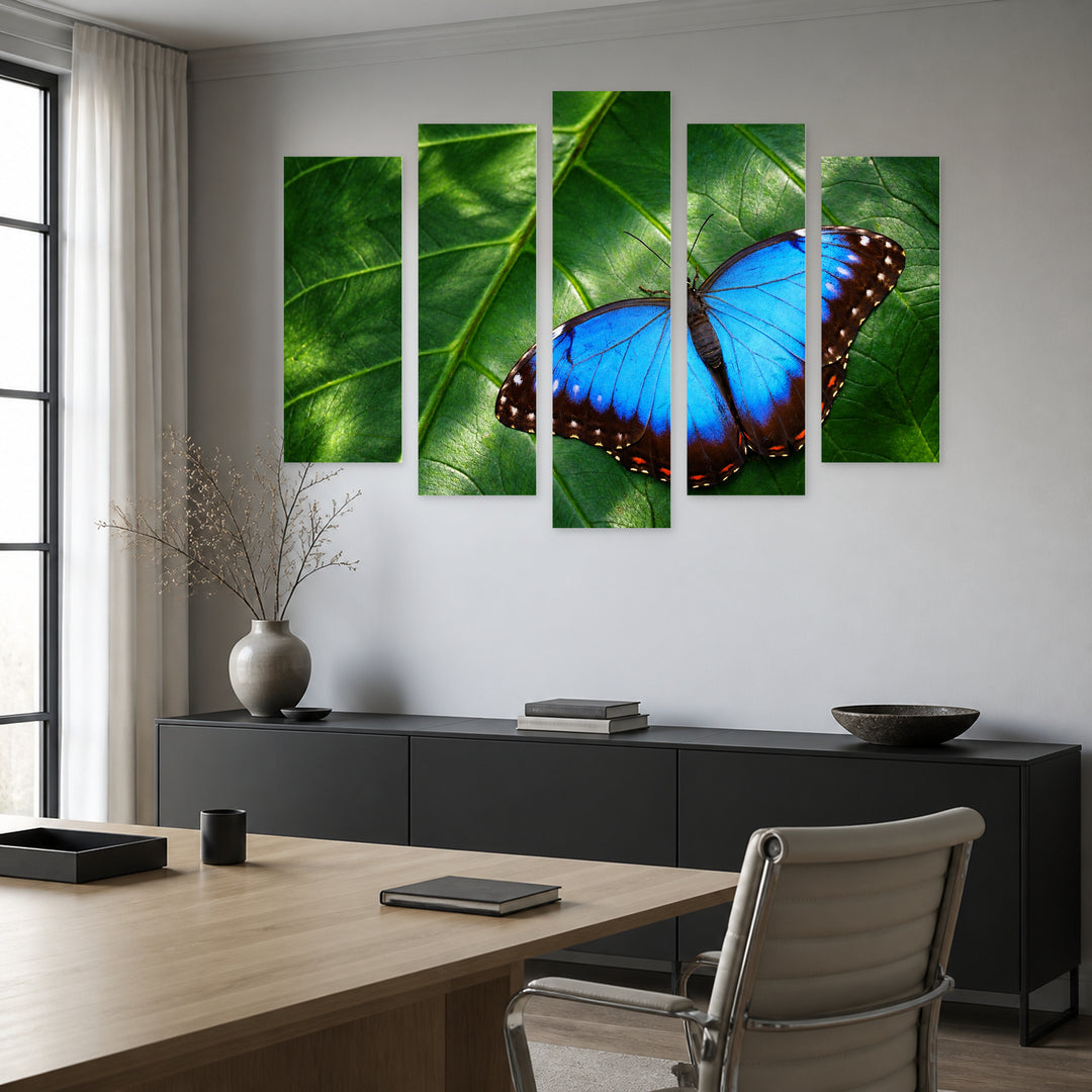 Large Blue Butterfly in Serene Light — five-panel wall art in alternate frontal interior | 5wallart 58155 M4