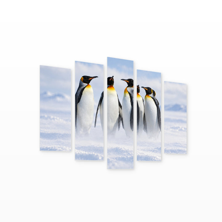 Group of Emperor Penguins in Winter — five-panel wall art on white background in perspective | 5wallart 58156 M1