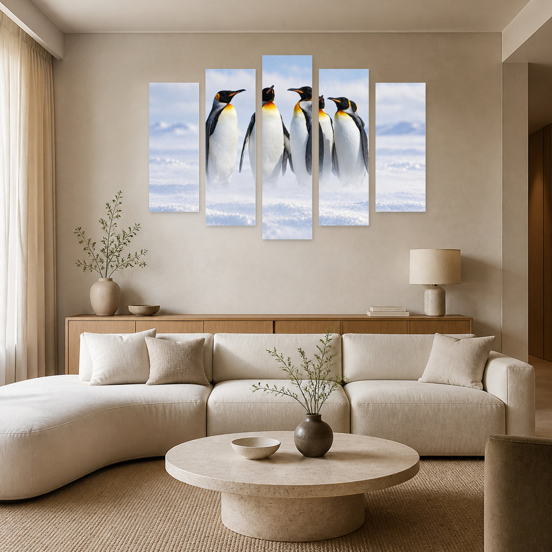 Group of Emperor Penguins in Winter — five-panel wall art in alternate frontal interior | 5wallart 58156 M4