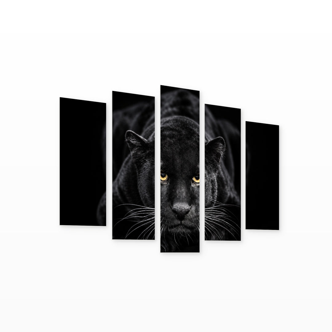 Black Panther with Dramatic Contrast — five-panel wall art on white background in perspective | 5wallart 58158 M1