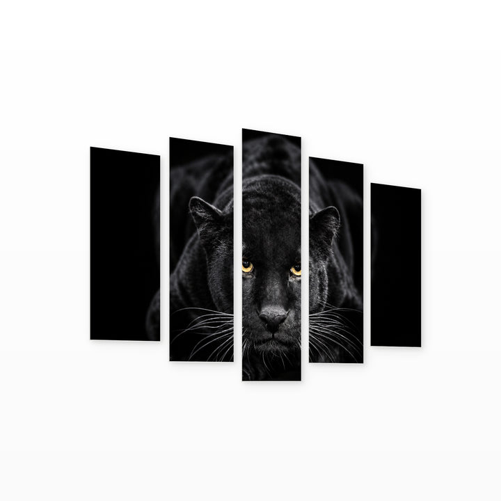 Black Panther with Dramatic Contrast — five-panel wall art on white background in perspective | 5wallart 58158 M1