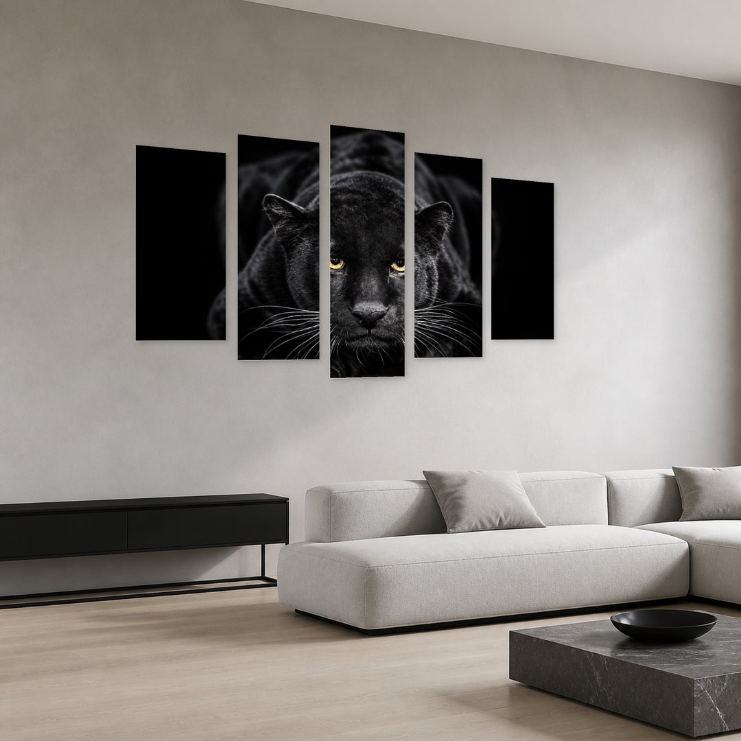 Black Panther with Dramatic Contrast — five-panel wall art in perspective interior | 5wallart 58158 M2
