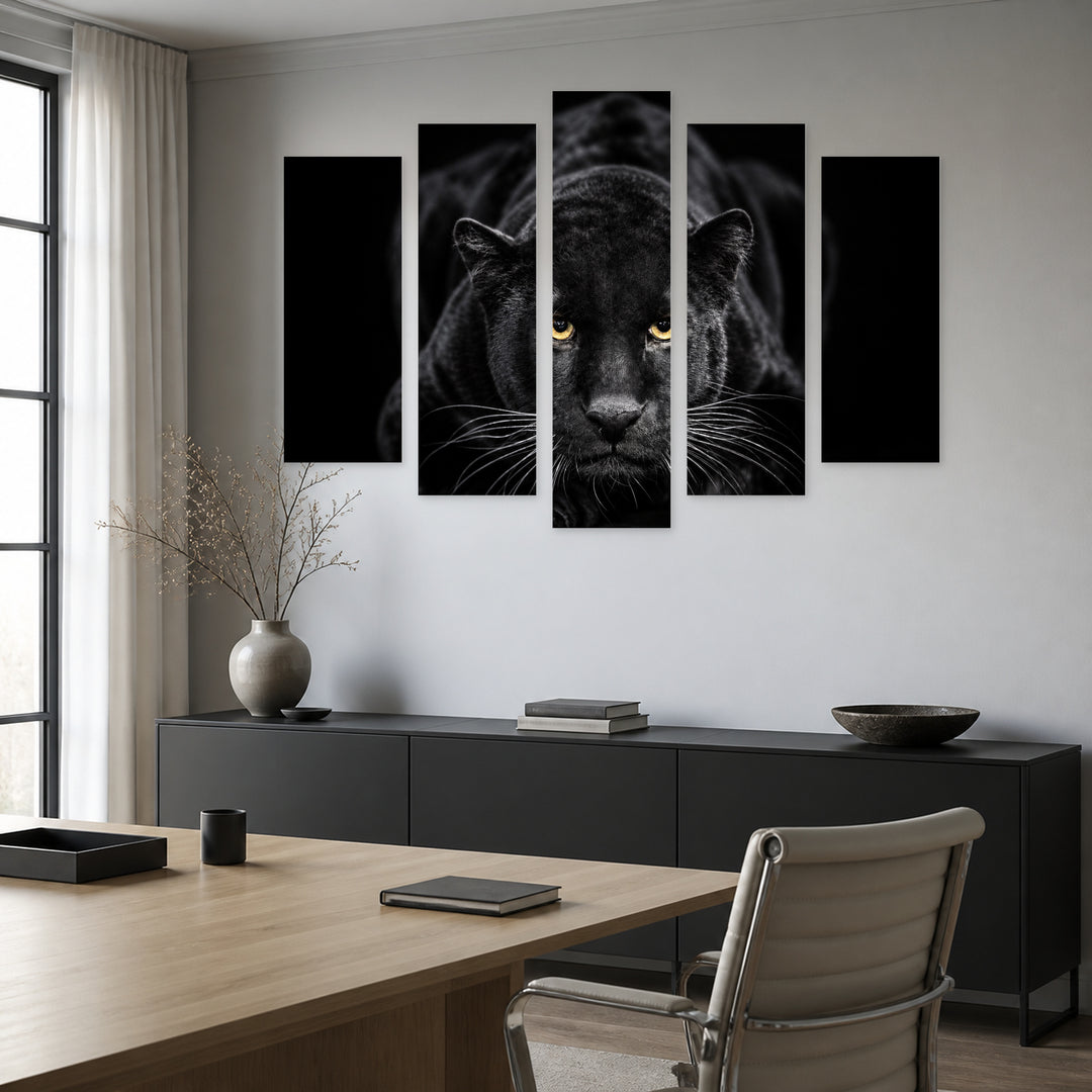 Black Panther with Dramatic Contrast — five-panel wall art in alternate frontal interior | 5wallart 58158 M4