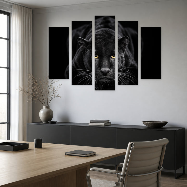 Black Panther with Dramatic Contrast — five-panel wall art in alternate frontal interior | 5wallart 58158 M4