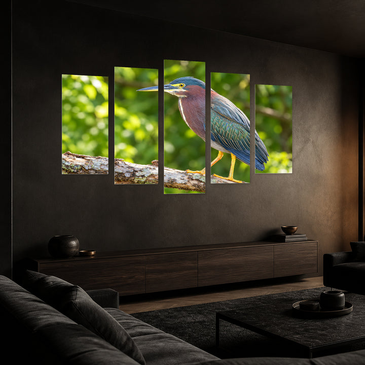 Green Heron Sitting on a Tree Landscape Study — five-panel wall art in perspective interior | 5wallart 58159 M2