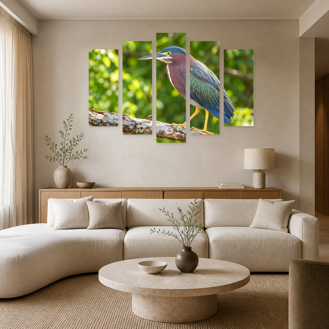 Green Heron Sitting on a Tree Landscape Study — five-panel wall art in frontal interior | 5wallart 58159 M3