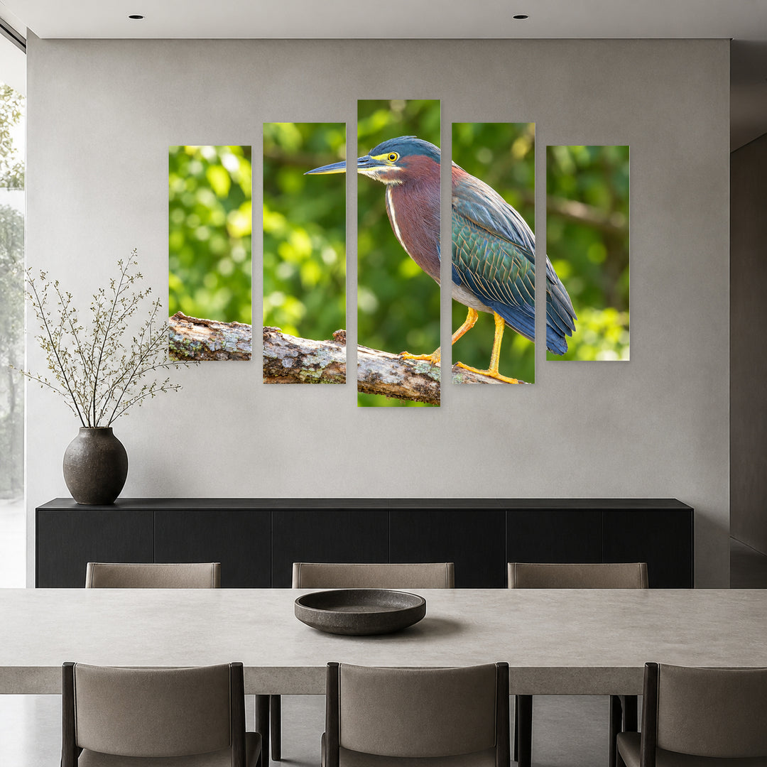 Green Heron Sitting on a Tree Landscape Study — five-panel wall art in alternate frontal interior | 5wallart 58159 M4