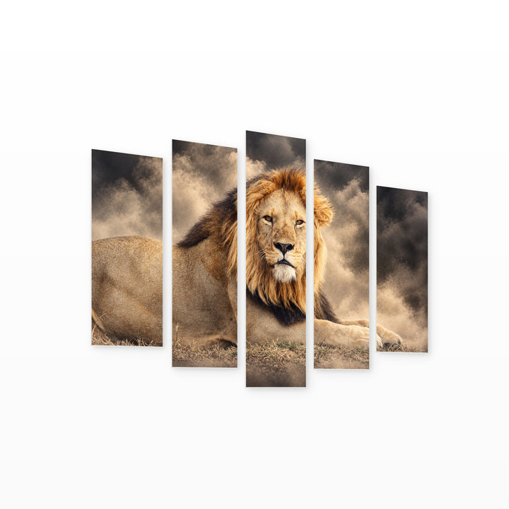 Lion in Dust with Dramatic Contrast — five-panel wall art on white background in perspective | 5wallart 58160 M1