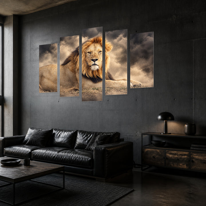 Lion in Dust with Dramatic Contrast — five-panel wall art in perspective interior | 5wallart 58160 M2