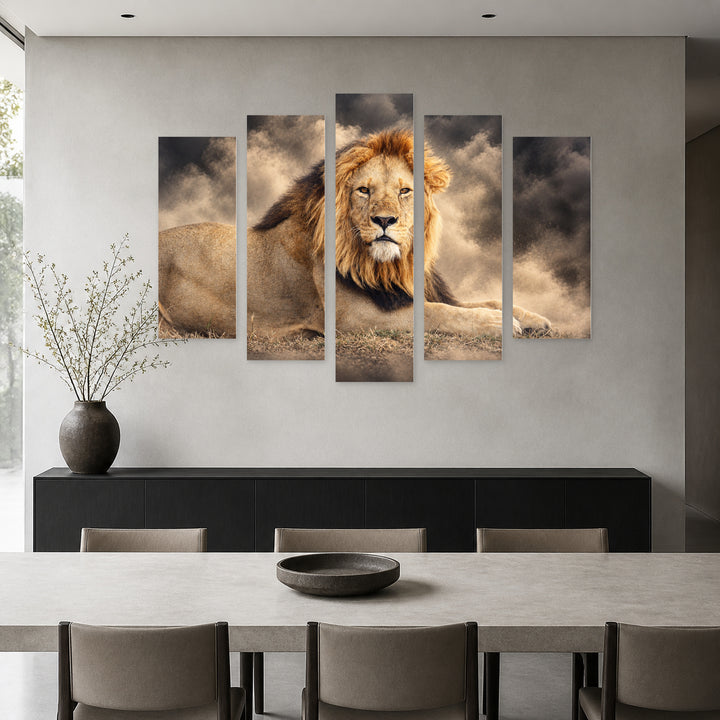 Lion in Dust with Dramatic Contrast — five-panel wall art in frontal interior | 5wallart 58160 M3