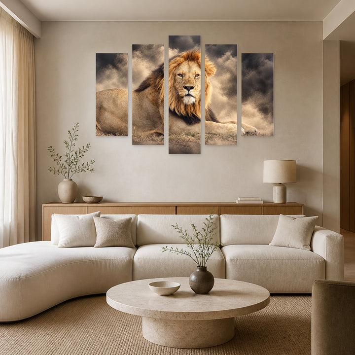 Lion in Dust with Dramatic Contrast — five-panel wall art in alternate frontal interior | 5wallart 58160 M4