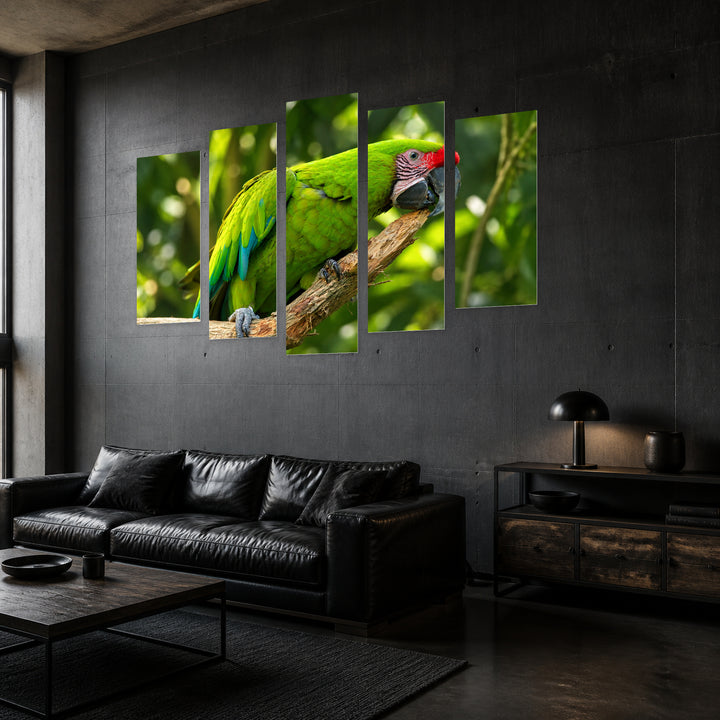 Green Parrot on a Branch in Serene Light — five-panel wall art in perspective interior | 5wallart 58162 M2