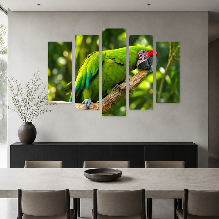Green Parrot on a Branch in Serene Light — five-panel wall art in frontal interior | 5wallart 58162 M3