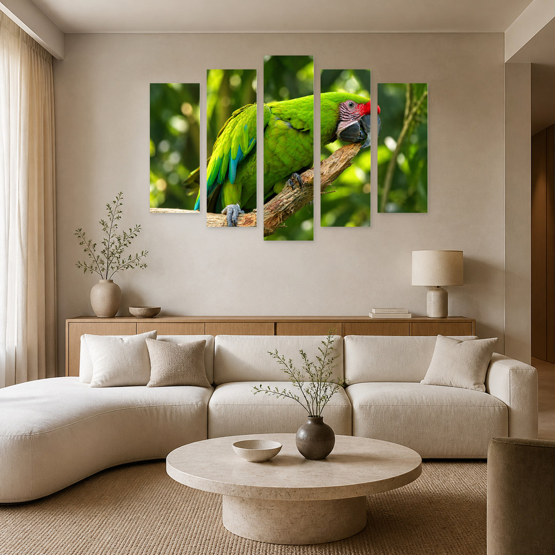 Green Parrot on a Branch in Serene Light — five-panel wall art in alternate frontal interior | 5wallart 58162 M4