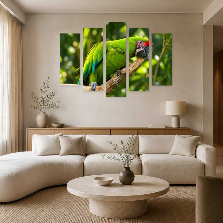 Green Parrot on a Branch in Serene Light — five-panel wall art in alternate frontal interior | 5wallart 58162 M4