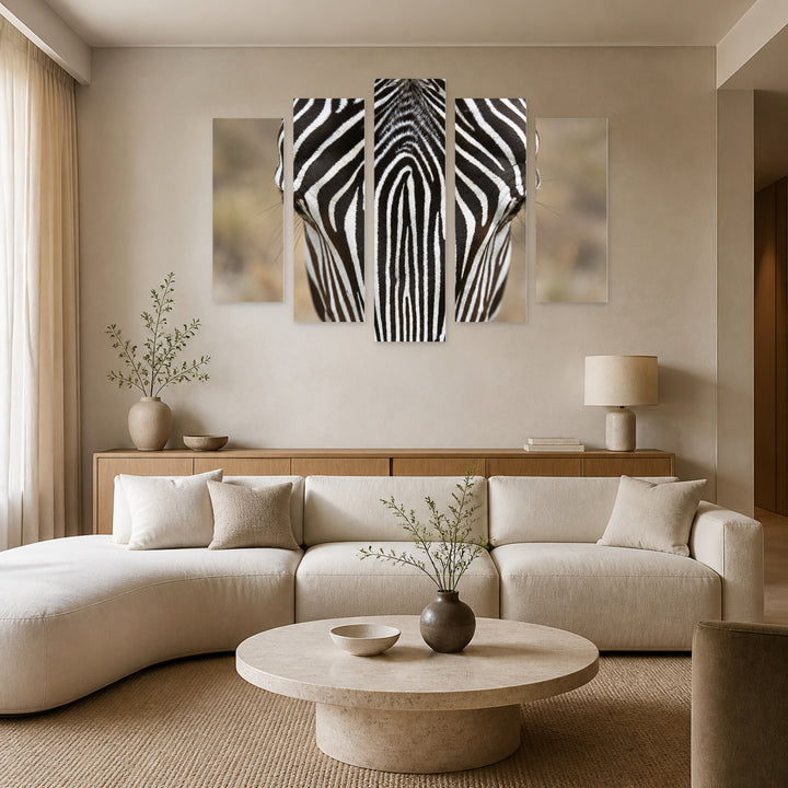 Zebra in Black and White — five-panel wall art in frontal interior | 5wallart 58165 M3