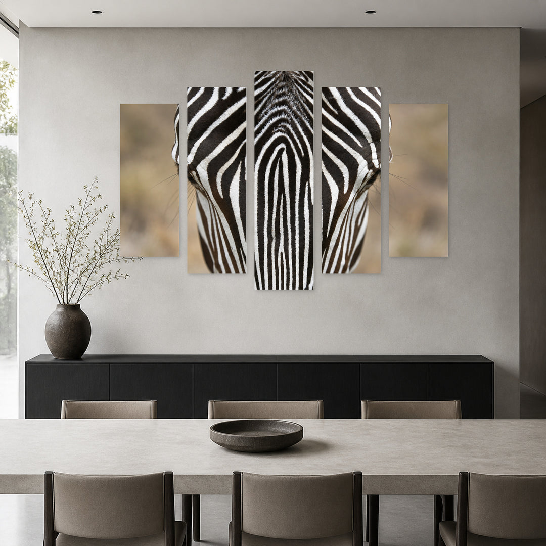 Zebra in Black and White — five-panel wall art in alternate frontal interior | 5wallart 58165 M4