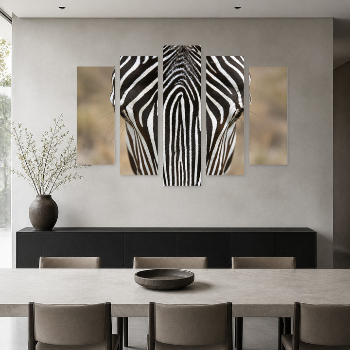 Zebra in Black and White — five-panel wall art in alternate frontal interior | 5wallart 58165 M4
