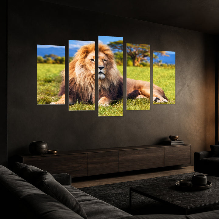 Lion in Vivid Color — five-panel wall art in perspective interior | 5wallart 58171 M2