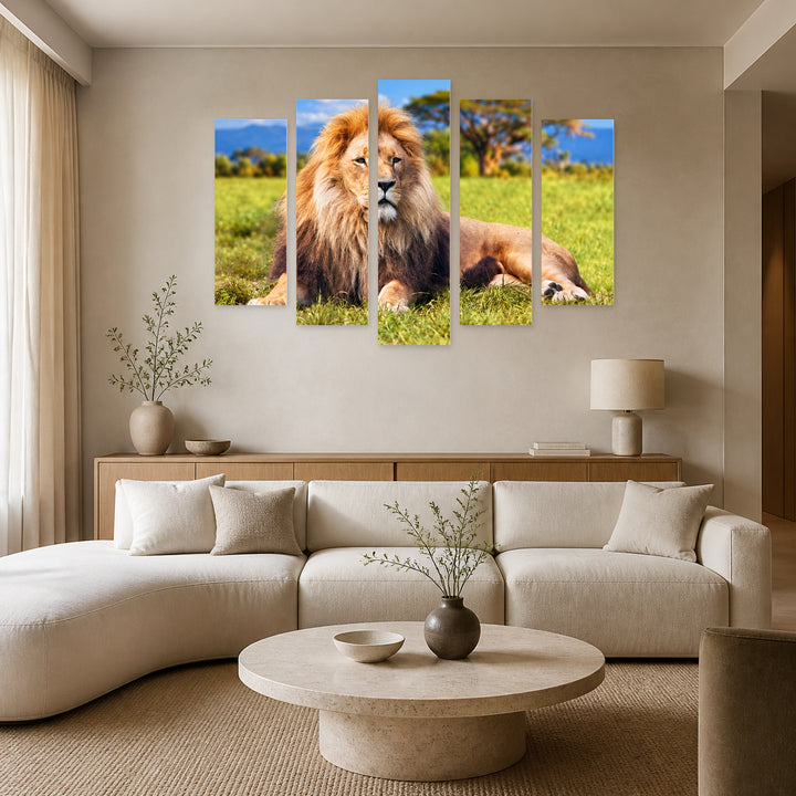 Lion in Vivid Color — five-panel wall art in frontal interior | 5wallart 58171 M3