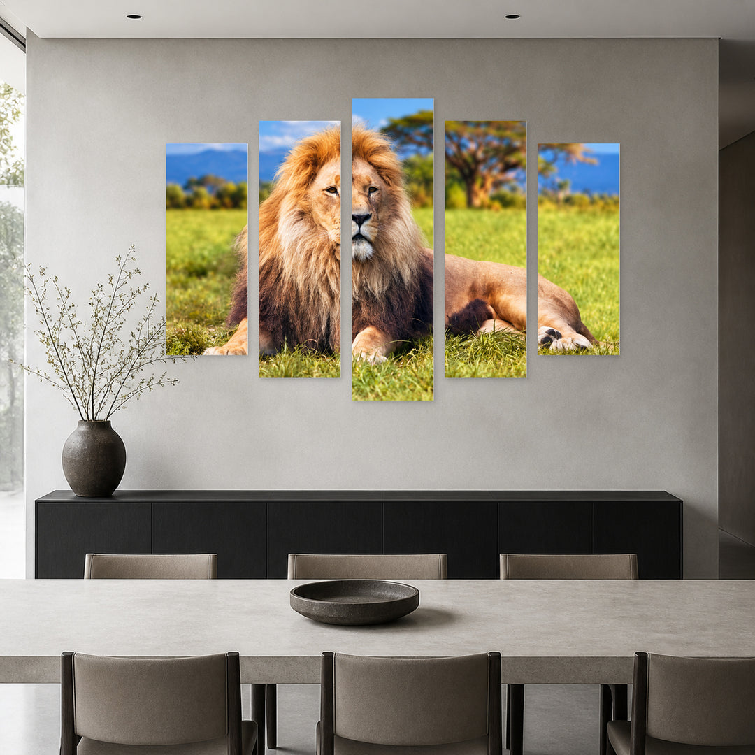 Lion in Vivid Color — five-panel wall art in alternate frontal interior | 5wallart 58171 M4