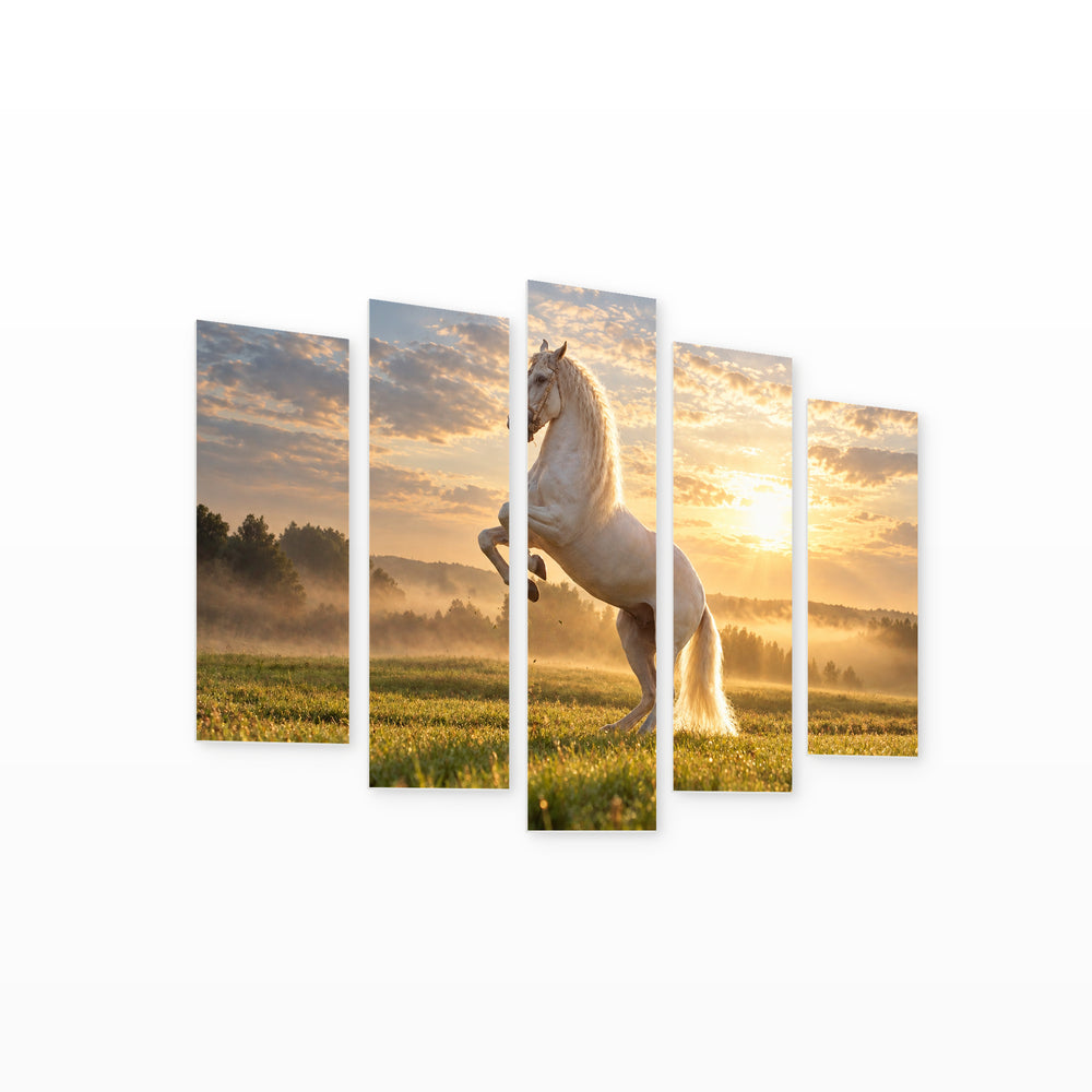 Mythical White Horse with Dreamlike Atmosphere — five-panel wall art on white background in perspective | 5wallart 58202 M1