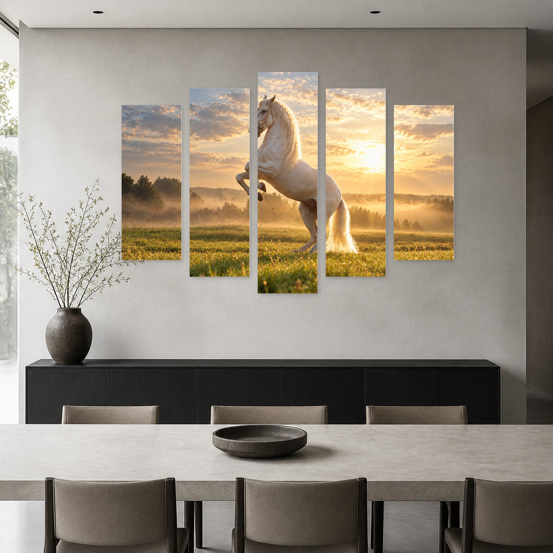 Mythical White Horse with Dreamlike Atmosphere — five-panel wall art in frontal interior | 5wallart 58202 M3