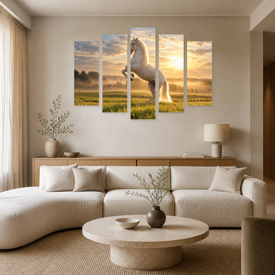 Mythical White Horse with Dreamlike Atmosphere — five-panel wall art in alternate frontal interior | 5wallart 58202 M4