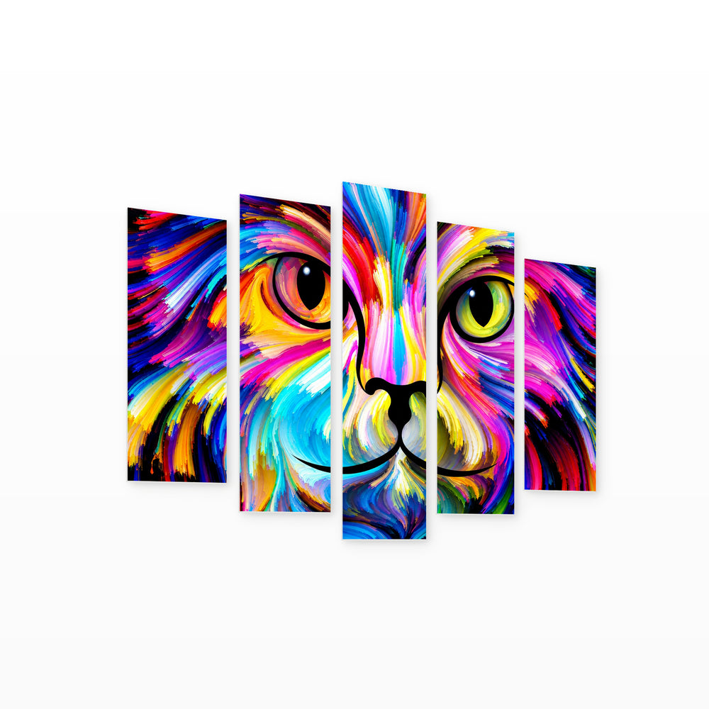 Cat in Abstract Colors in Vivid Color — five-panel wall art on white background in perspective | 5wallart 58209 M1