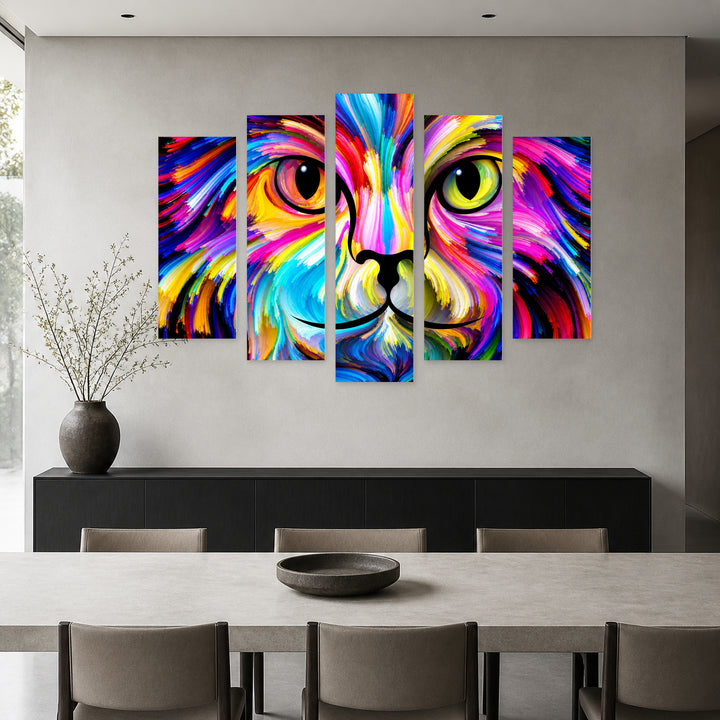Cat in Abstract Colors in Vivid Color — five-panel wall art in frontal interior | 5wallart 58209 M3