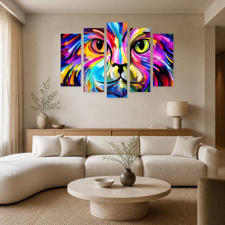 Cat in Abstract Colors in Vivid Color — five-panel wall art in alternate frontal interior | 5wallart 58209 M4