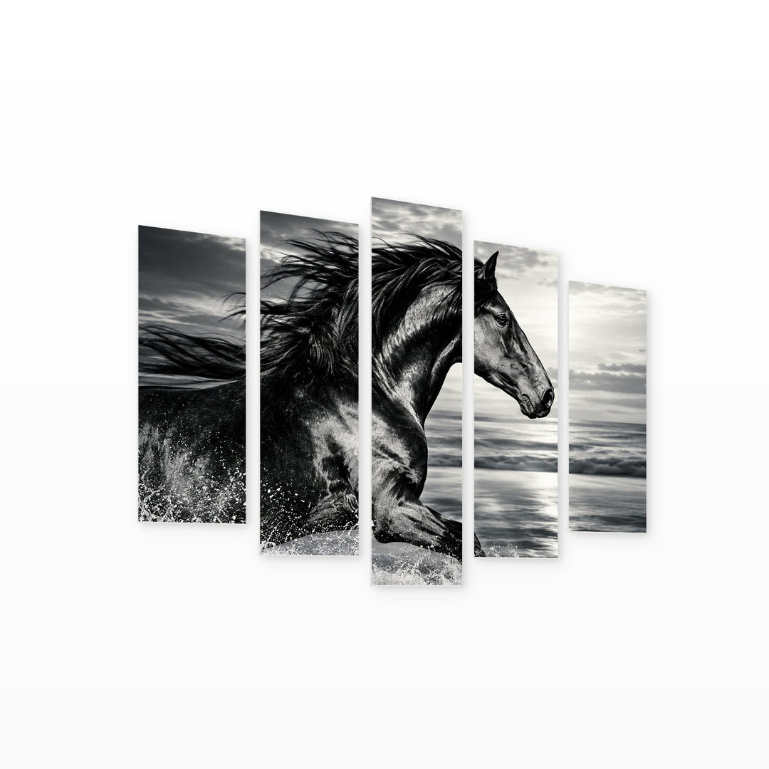 Black and White Galloping Horse with Dramatic Contrast — five-panel wall art on white background in perspective | 5wallart 58212 M1