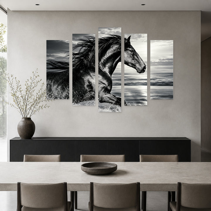 Black and White Galloping Horse with Dramatic Contrast — five-panel wall art in frontal interior | 5wallart 58212 M3
