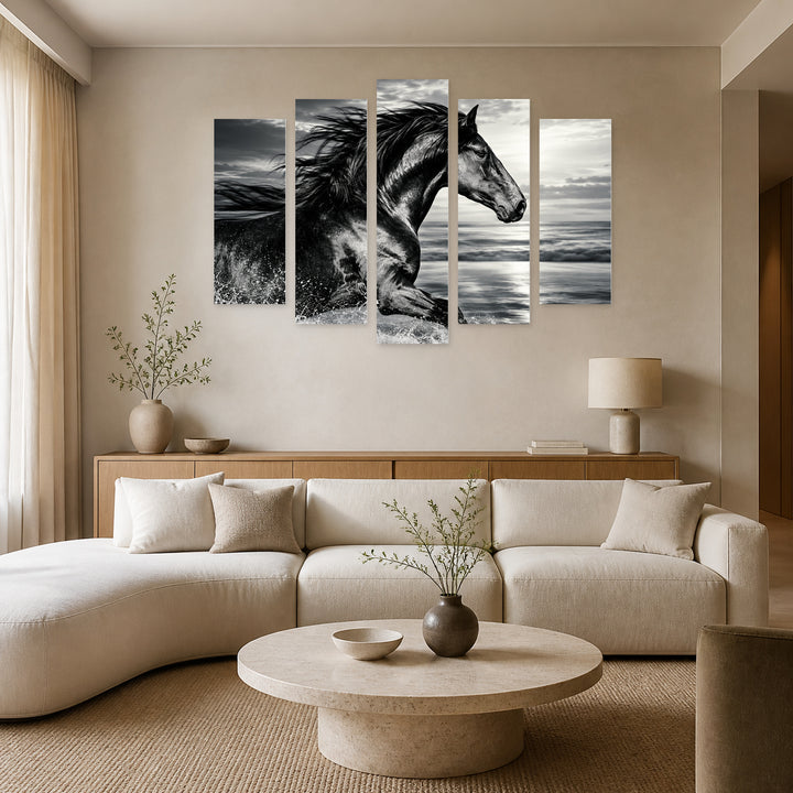 Black and White Galloping Horse with Dramatic Contrast — five-panel wall art in alternate frontal interior | 5wallart 58212 M4