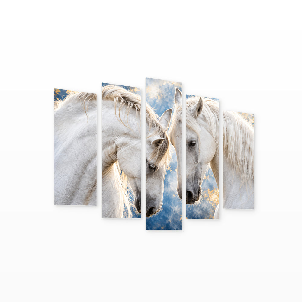 White Horses in Blue and Gold — five-panel wall art on white background in perspective | 5wallart 58214 M1