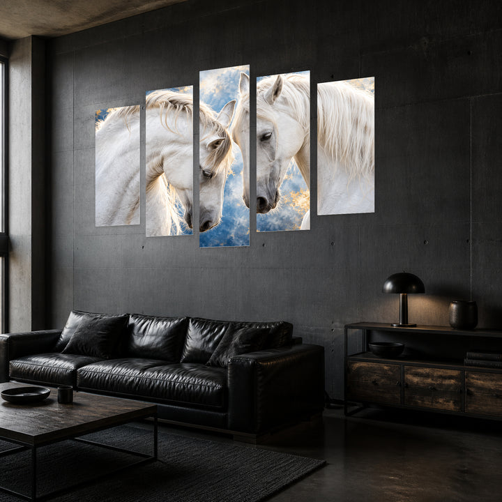 White Horses in Blue and Gold — five-panel wall art in perspective interior | 5wallart 58214 M2