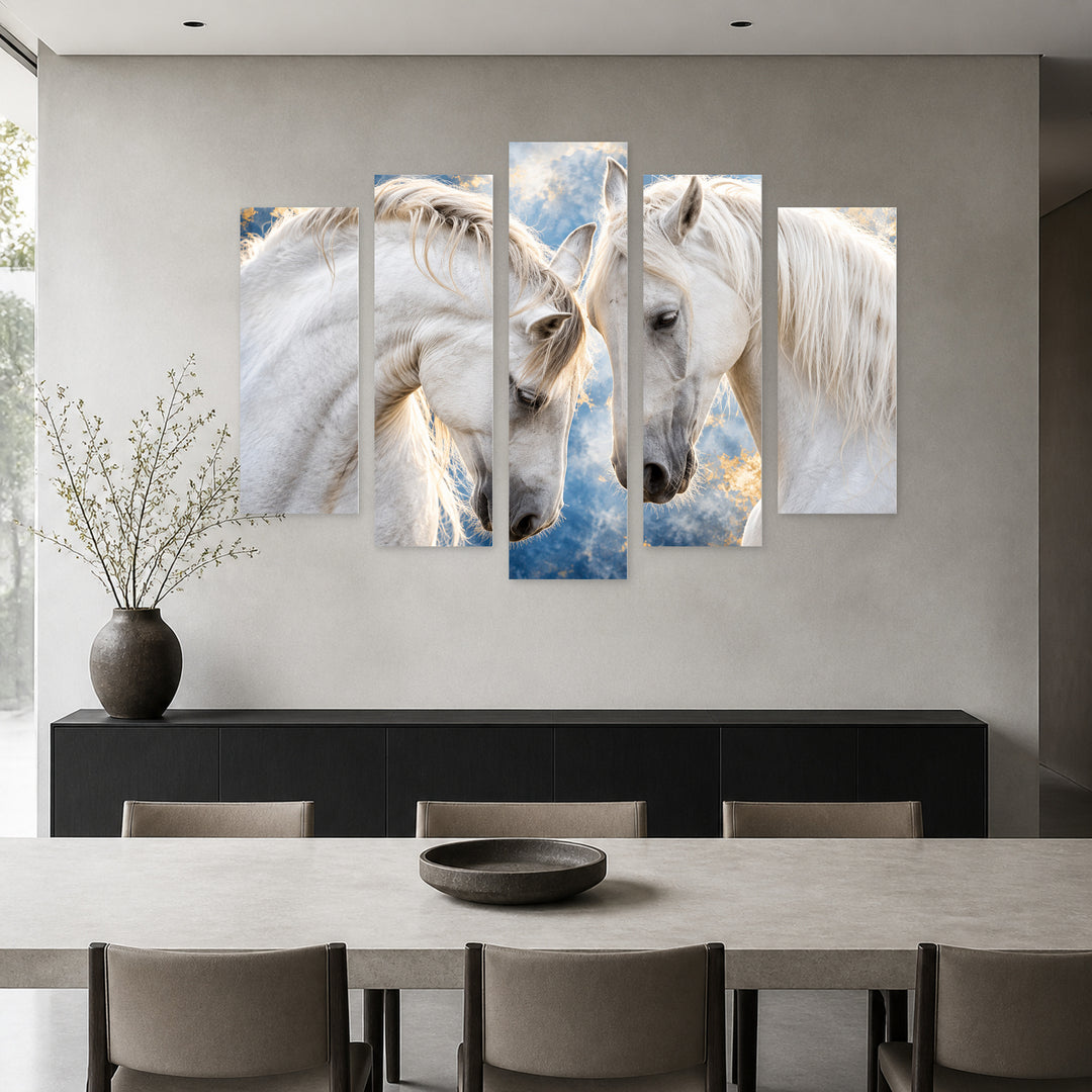 White Horses in Blue and Gold — five-panel wall art in frontal interior | 5wallart 58214 M3